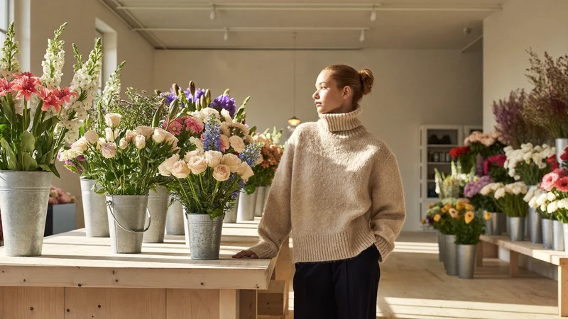 Helle skandinavische Blumenladen-Szene mit frischen Schnittblumen in Eimern am hellen Holztresen