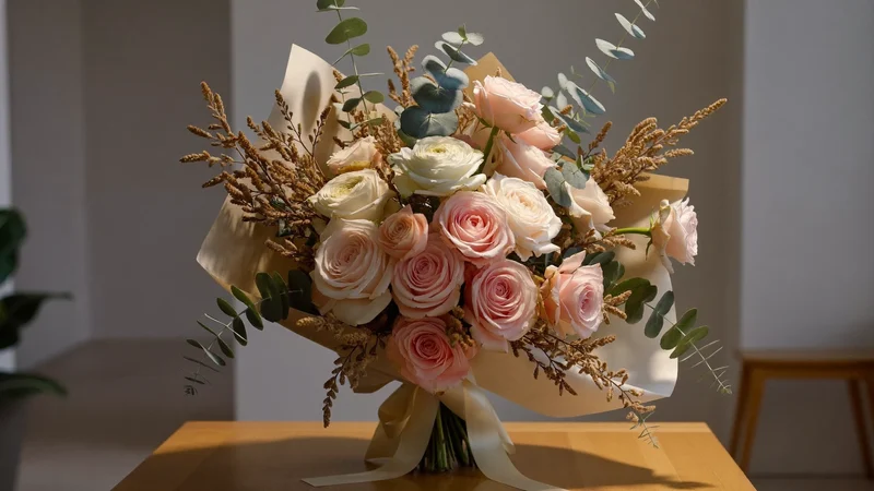 Handgebundener Strauß aus rosa Gartenrosen, Ranunkeln und Eukalyptus in Kraftpapier