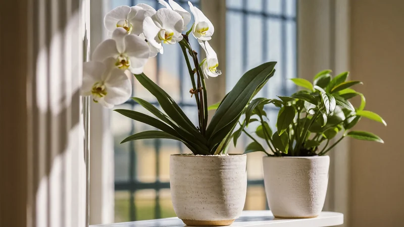 Zwei weiße Orchideen und kleine Grünpflanzen in matten Keramiktöpfen am Fenster