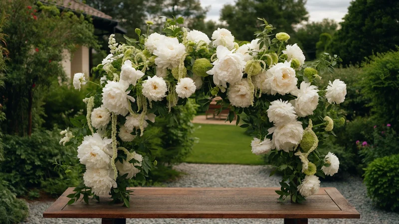 Lockeres weißes Blumenarrangement mit Pfingstrosen und Lisianthus auf einem Holztisch im Freien